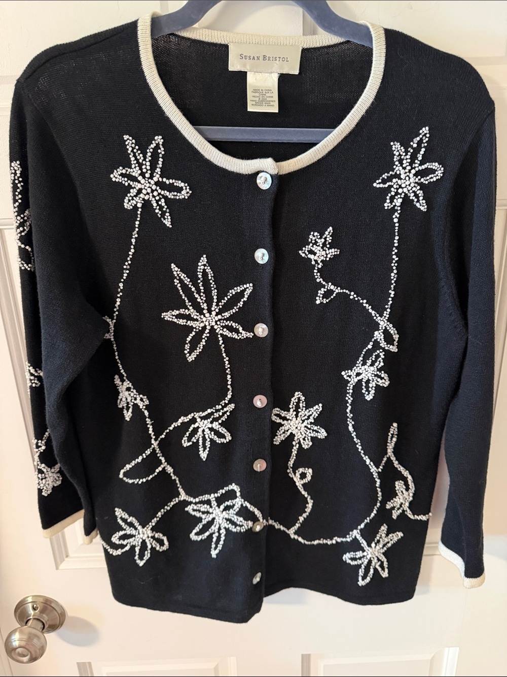 VTG Susan Bristol Hand Beaded Floral Cardigan Sweater Cottagecore Medium